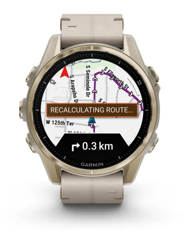 GARMIN Smartwatches | Herrenuhren-fēnix® 8 - 43 mm AMOLED Sapphire Nebelgrau/Softgold mit Lederarmband 010-02903-40