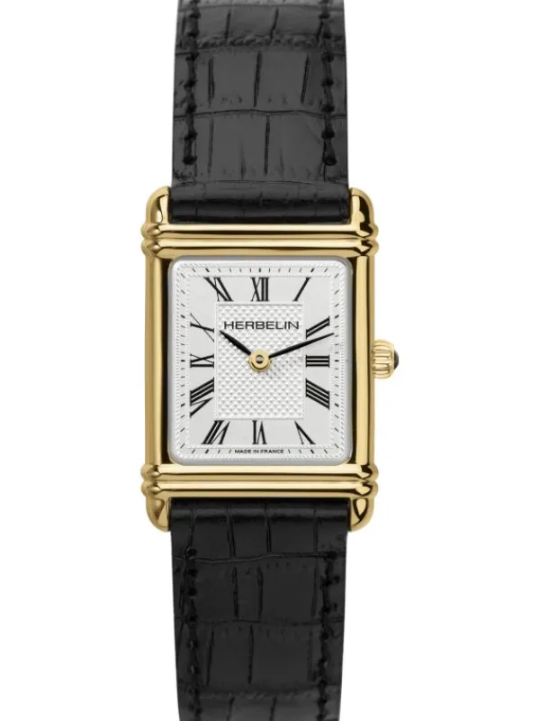 HERBELIN Damenuhren-ART DECO goldf. Leder schwarz 17478P08