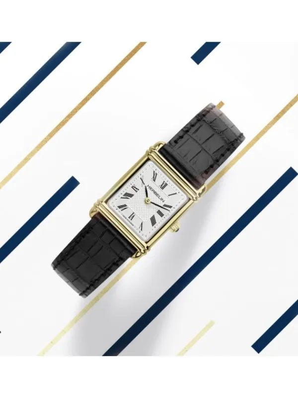 HERBELIN Damenuhren-ART DECO goldf. Leder schwarz 17478P08