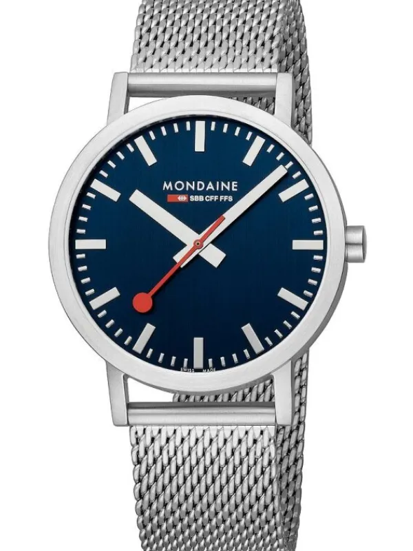 MONDAINE Herrenuhren-Classic 40 mm, gebürstet, blau, Milanese A660.30360.40SBJ
