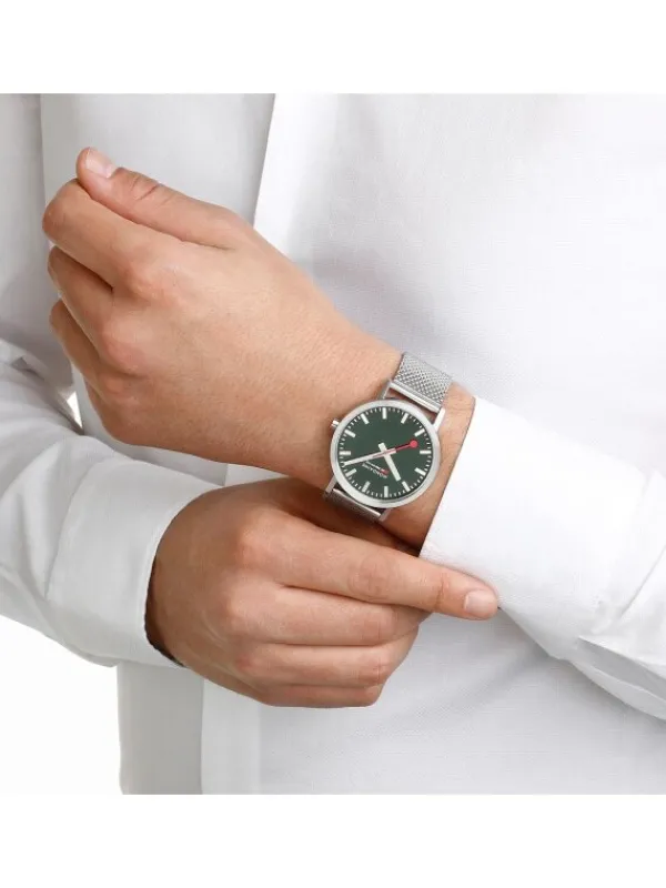 MONDAINE Herrenuhren-Classic 40 mm, gebürstet, grün, Milanese A660.30360.60SBJ