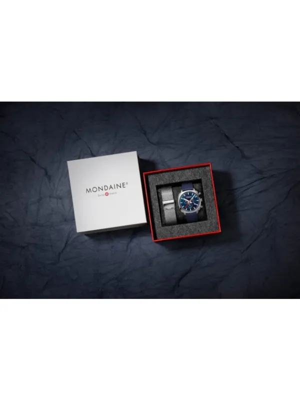 MONDAINE Herrenuhren-Cushion Chrono 41mm Set Blau MSL.41440.LD.SET