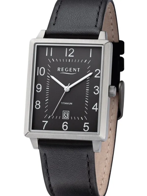 REGENT Herrenuhren-Herrenuhr eckig Titan schwarz Leder F1273