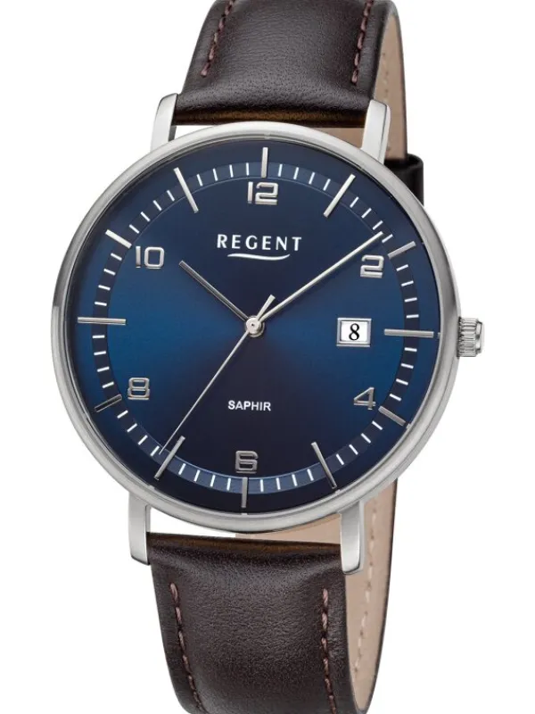 REGENT Herrenuhren-Herrenuhr Quarz blau Lederband Saphir F1515