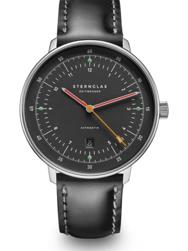 STERNGLAS Herrenuhren-HAMBURG Automatik neugraphit Band Bridle schwarz S02-HH39-BR02