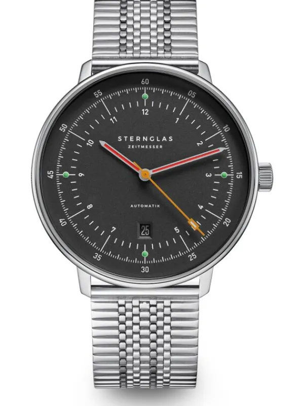 STERNGLAS Herrenuhren-HAMBURG Automatik neugraphit Band SuperSlim silber S02-HH39-ME08