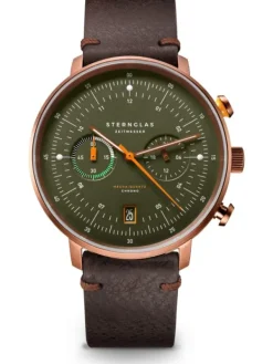 STERNGLAS Herrenuhren | Damenuhren-HAMBURG Chrono dunkelgrün Band Vintage mokka S01-HC35-VI17