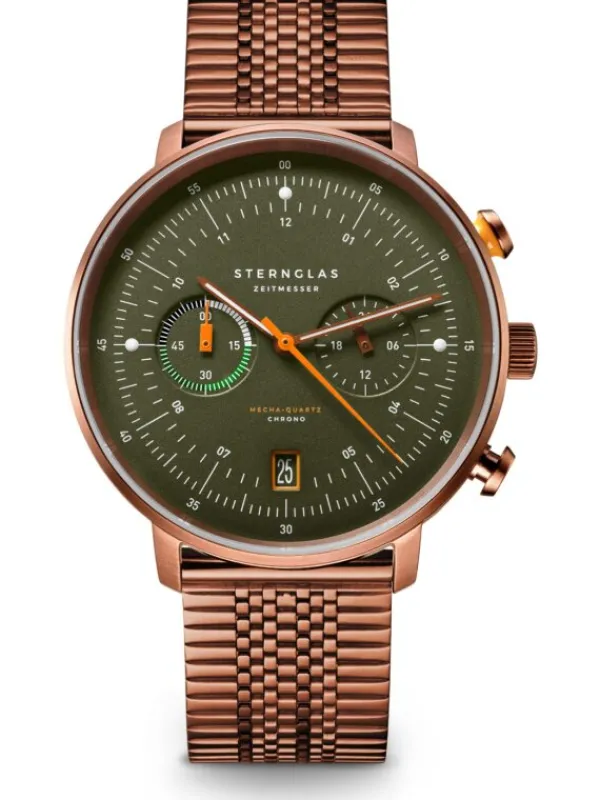 STERNGLAS Herrenuhren | Damenuhren-HAMBURG Chrono dunkelgrün Metallband S01-HC35-ME10