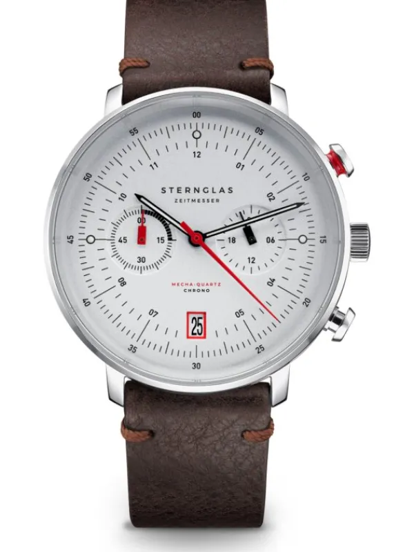 STERNGLAS Herrenuhren | Damenuhren-HAMBURG Chrono silber Band Vintage mokka S01-HC10-VI11