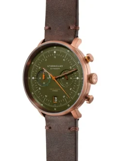 STERNGLAS Herrenuhren | Damenuhren-HAMBURG Chrono dunkelgrün Band Vintage mokka S01-HC35-VI17