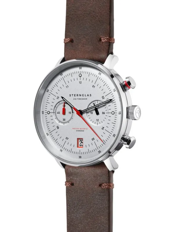 STERNGLAS Herrenuhren | Damenuhren-HAMBURG Chrono silber Band Vintage mokka S01-HC10-VI11