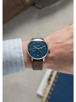 STERNGLAS Herrenuhren-HAMBURG Chrono Edition Küste dunkelblau silber Vintage mokka S01-HC06-VI11
