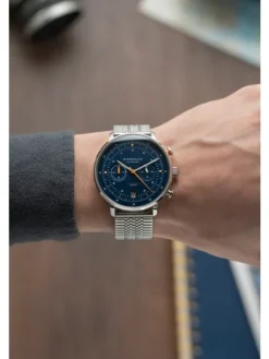 STERNGLAS Herrenuhren-HAMBURG Chrono Edition Küste dunkelblau silber Band SuperSlim S01-HC06-ME08