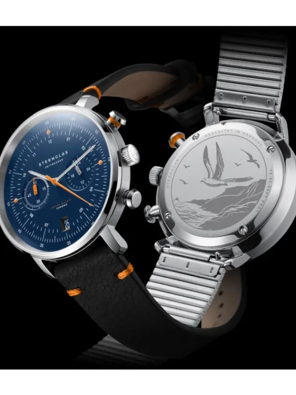 STERNGLAS Herrenuhren-HAMBURG Chrono Edition Küste dunkelblau silber Editionsband Küste nero orange S01-HC06-EB05