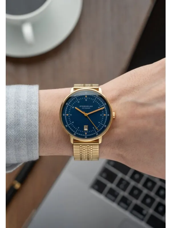 STERNGLAS Herrenuhren | Damenuhren-HAMBURG dunkelblau goldf. Metallarmband S01-HH07-ME09
