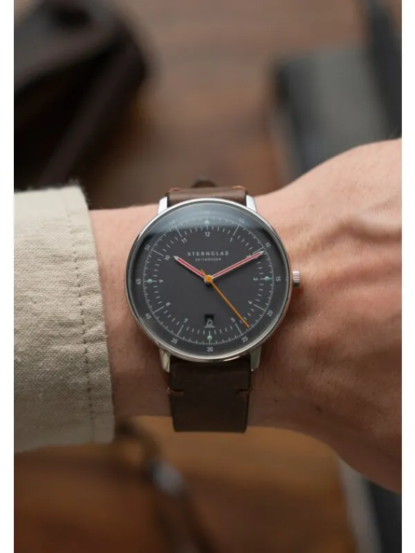 STERNGLAS Herrenuhren-HAMBURG neugraphit Band Vintage mokka S01-HH39-VI11