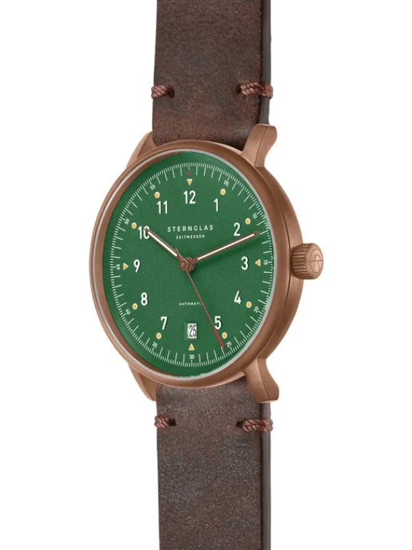 STERNGLAS Damenuhren | Herrenuhren-LUMATIK Edition Bronze grün Band Vintage mokka S02-LMR19-VI17