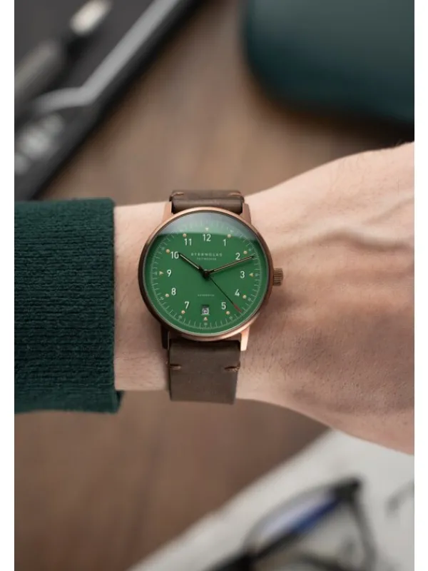 STERNGLAS Damenuhren | Herrenuhren-LUMATIK Edition Bronze grün Band Vintage mokka S02-LMR19-VI17