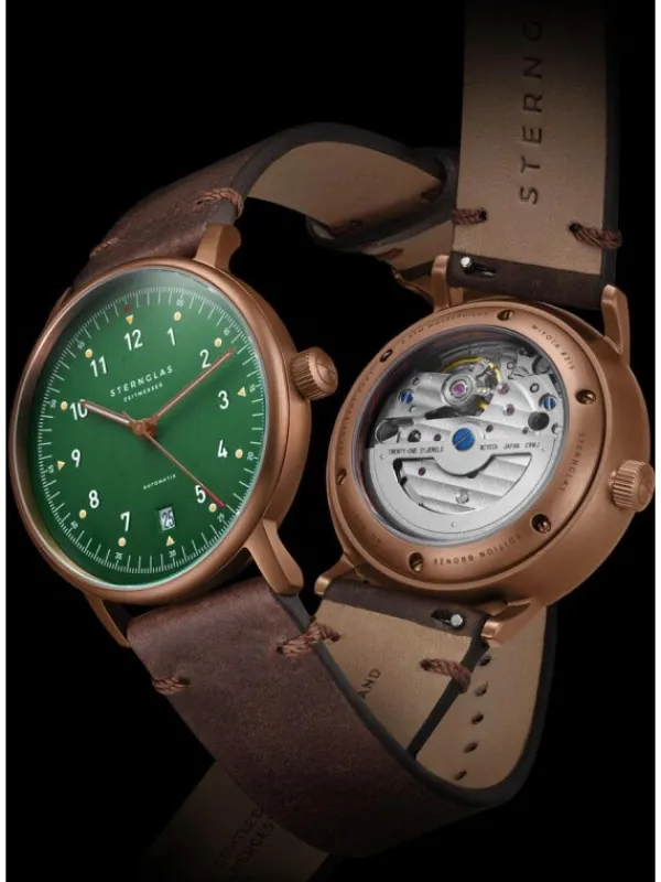 STERNGLAS Damenuhren | Herrenuhren-LUMATIK Edition Bronze grün Band Vintage mokka S02-LMR19-VI17