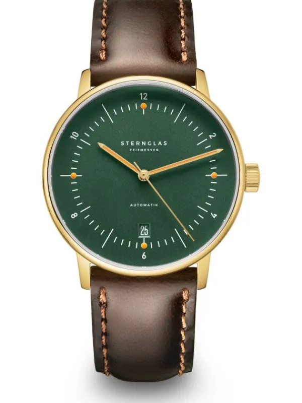 STERNGLAS Herrenuhren | Damenuhren-NAOS Automatik dunkelgrün gold Band Bridle dunkelbraun S02-NA22-BR01