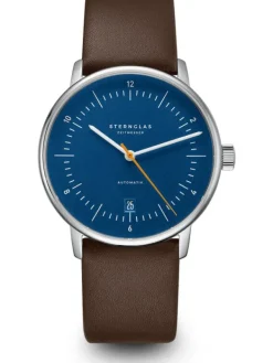 STERNGLAS Herrenuhren | Damenuhren-NAOS Automatik blau-orange Band Premium dunkelbraun S02-NA45-PR04
