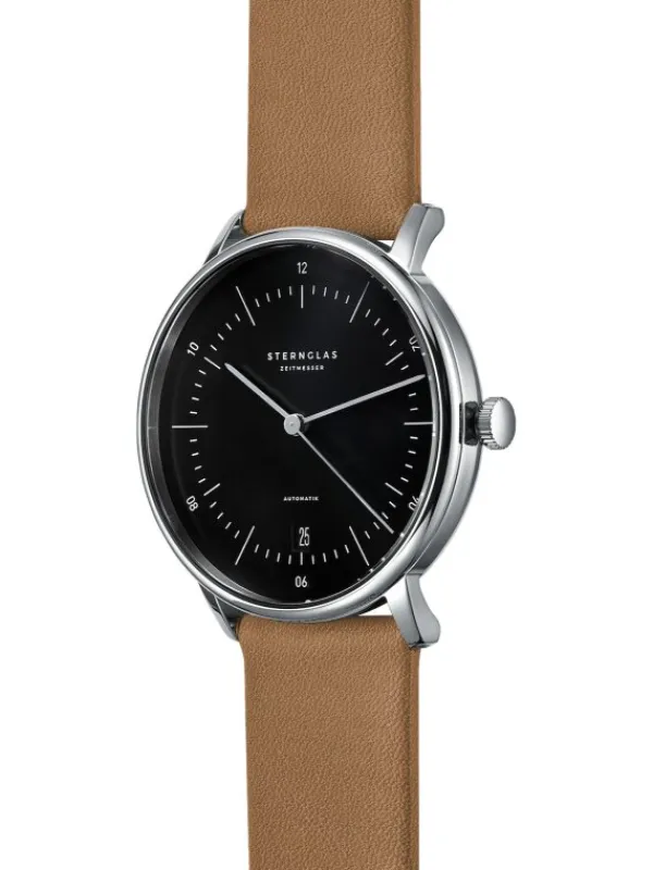 STERNGLAS Herrenuhren | Damenuhren-NAOS Automatik schwarz Leder hellbraun S02-NA03-PR01