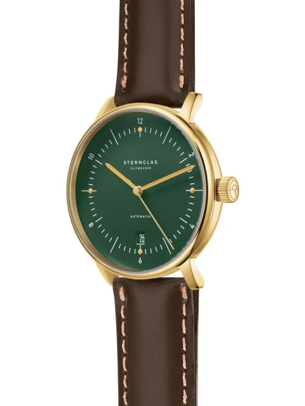 STERNGLAS Herrenuhren | Damenuhren-NAOS Automatik dunkelgrün gold Band Bridle dunkelbraun S02-NA22-BR01