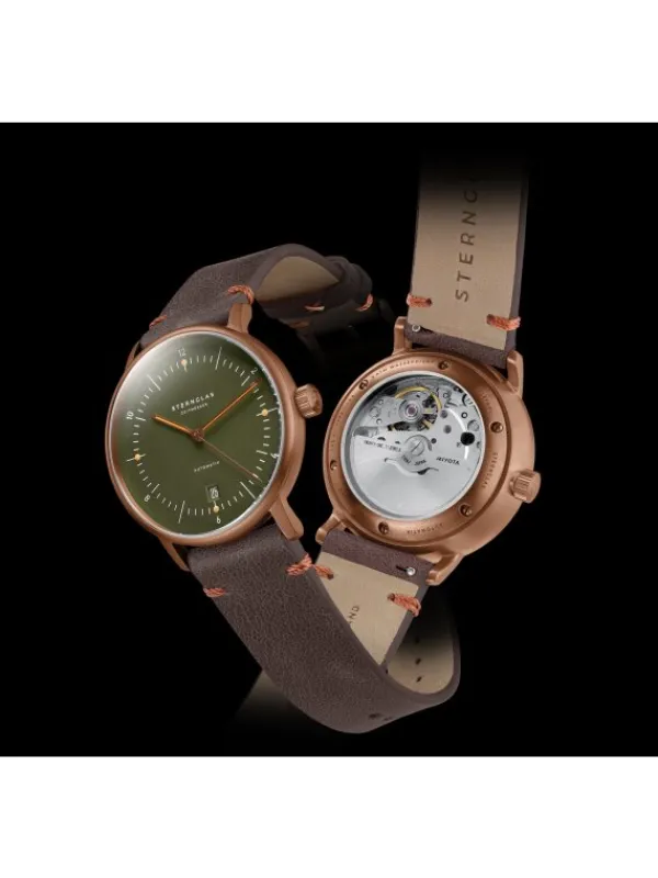 STERNGLAS Herrenuhren | Damenuhren-NAOS Automatik dunkelgrün bronze Band Vintage mokka S02-NA35-VI17