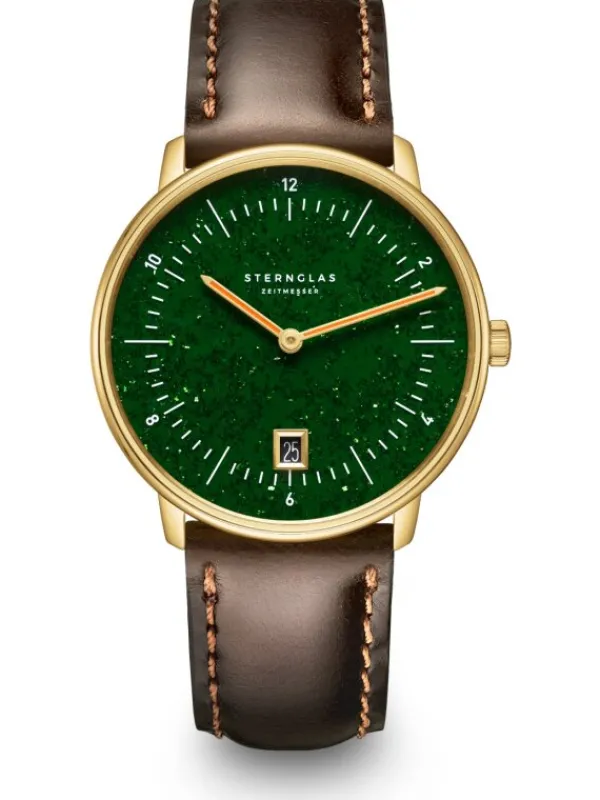 STERNGLAS Herrenuhren | Damenuhren-NAOS Edition Aventurin dunkelgrün gold Band Bridle dunkelbraun S01-NAN41-BR01