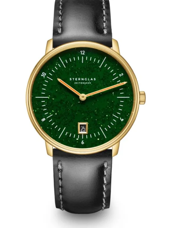 STERNGLAS Herrenuhren | Damenuhren-NAOS Edition Aventurin dunkelgrün goldf. Band Bridle schwarz S01-NAN41-BR04