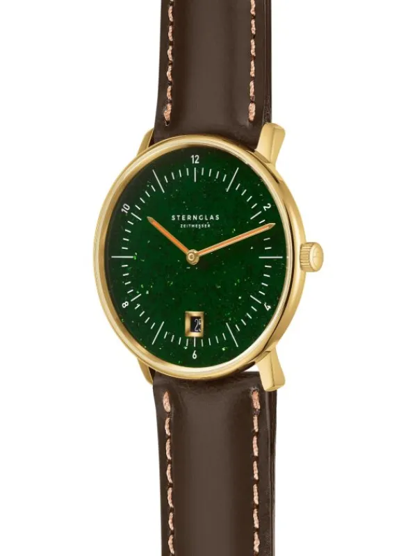 STERNGLAS Herrenuhren | Damenuhren-NAOS Edition Aventurin dunkelgrün gold Band Bridle dunkelbraun S01-NAN41-BR01